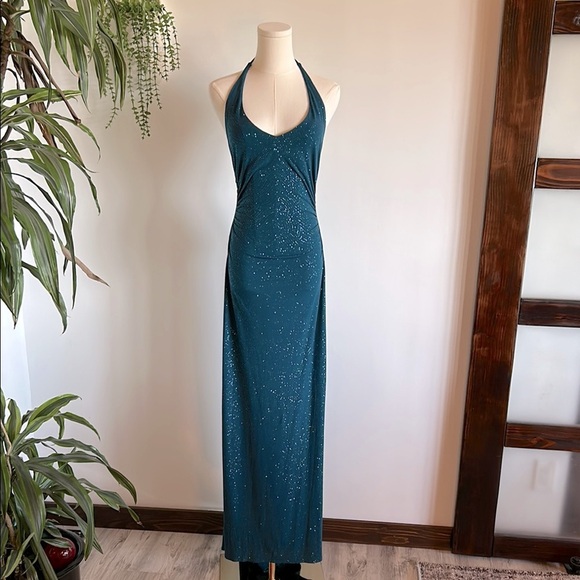 Vintage 90s Y2K Prom Elegant Sparkly Teal Halter Long Maxi Dress / Women’s Sz M - Picture 1 of 8